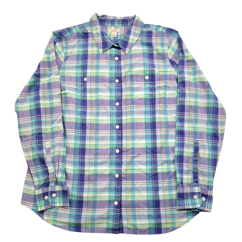 L.L.Bean 100% Cotton Plaid Button Up Shirt Large Lightweight Long Sleeve Preppy